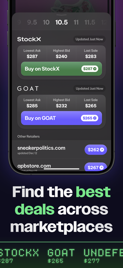 SwiftSole - Sneaker Releases - A mobile interface showing sneaker price comparisons between StockX GOAT and other retailers for a size 10.5 shoe.