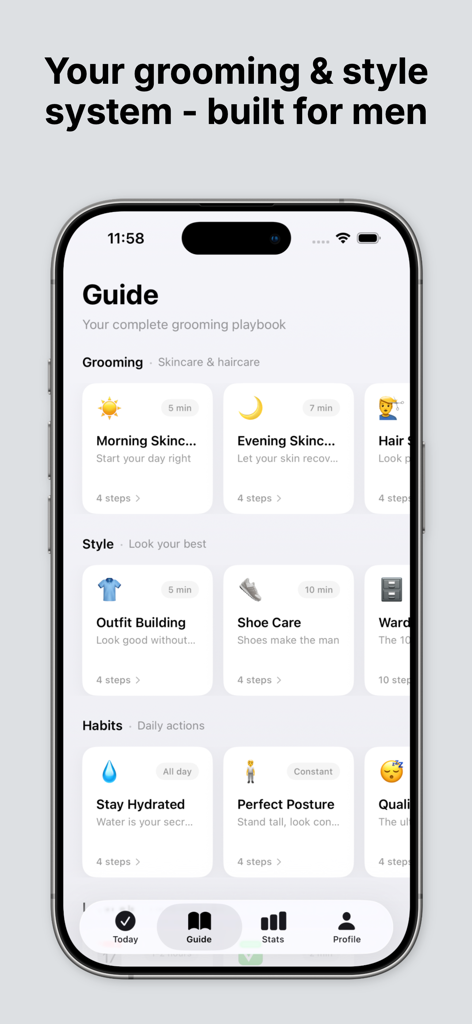 Brad: Face Care & Grooming - 男性向けのグルーミングスタイルと習慣ルーチンを示すBradアプリのガイド画面