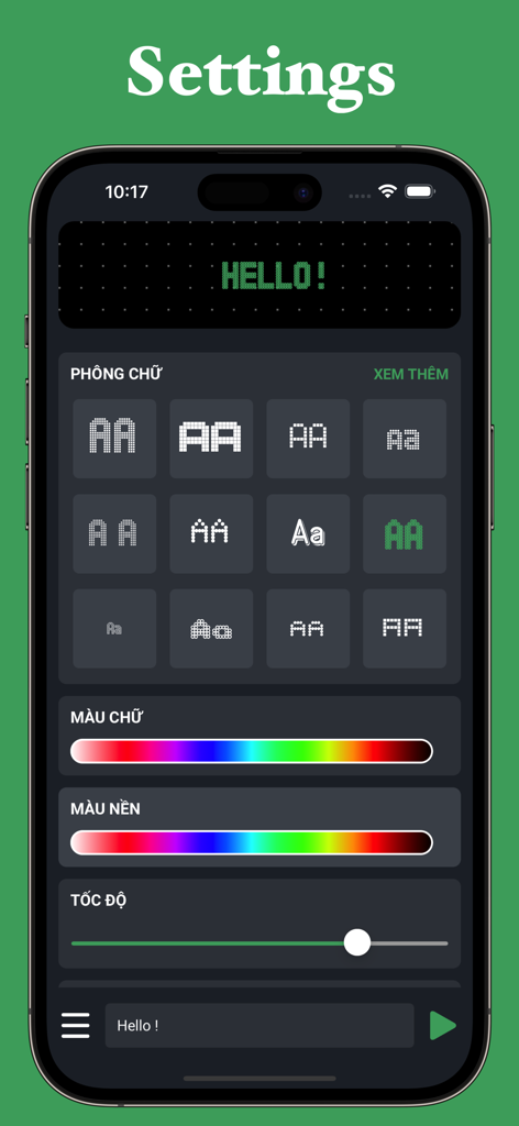 Ledsy - LED Banner - Ledsy app settings interface for customizing LED banner fonts colors and scrolling speed