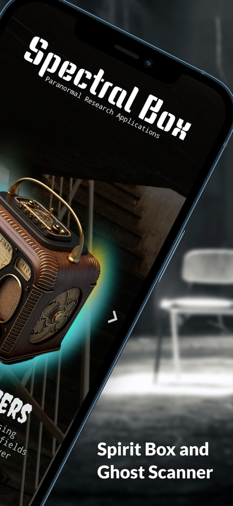 Spirit Box Ghost Whispers app interface showing a vintage paranormal research device and ghost scanner text
