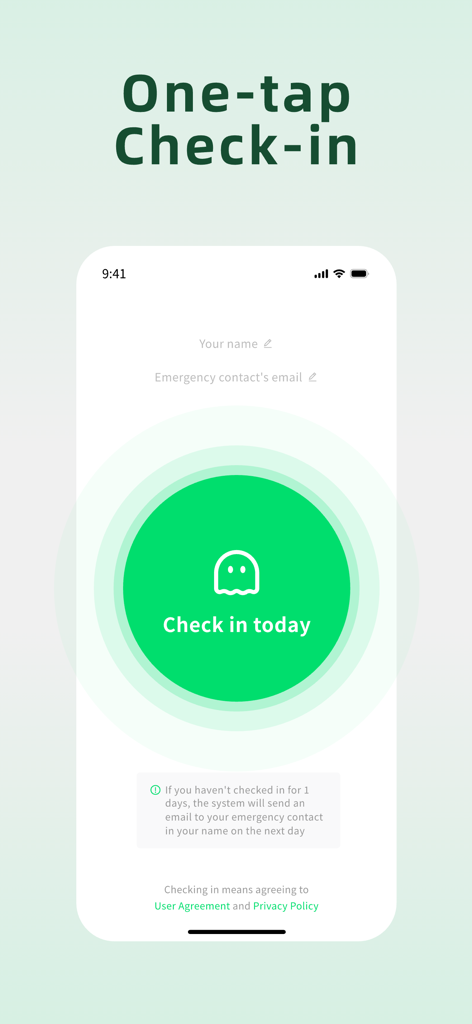 Demumu - Demumu App-Startbildschirm mit einer großen grünen Ein-Tipp-Check-in-Schaltfläche und Feldern zur Einrichtung von Notfallkontakten.