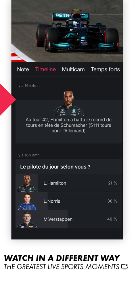 CANAL plus app expert mode showing live Formula 1 race stats and interactive fan polls