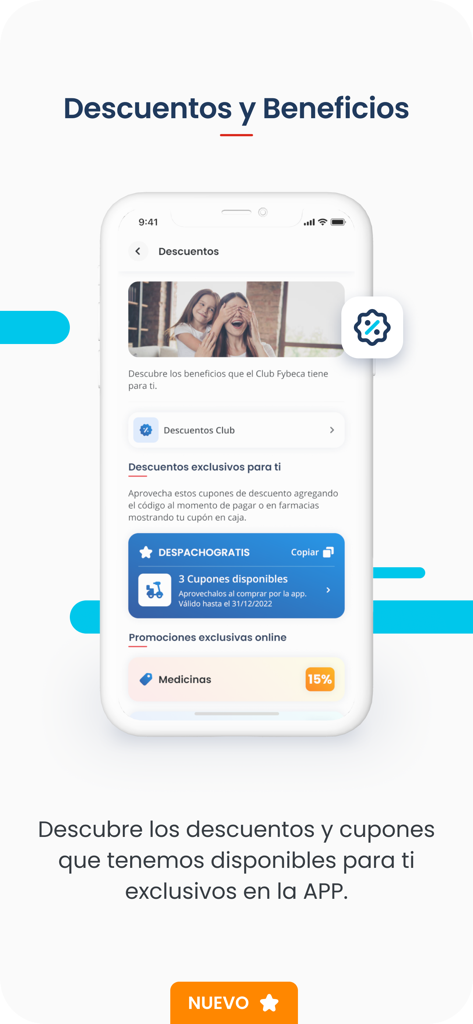 Fybeca Ecuador App - Benutzeroberfläche der Fybeca Ecuador App, die exklusive Rabatte, Gutscheine und Apothekenvorteile anzeigt.