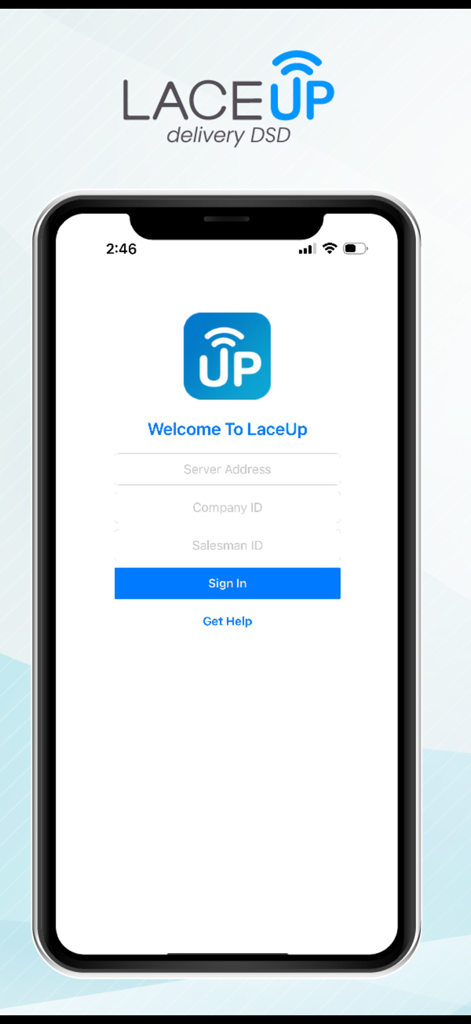 Laceup delivery DSD mobile app login page showing sign in fields for server address and company ID