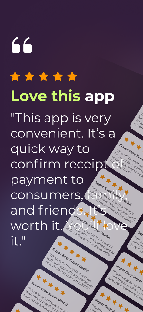 A collection of five star user reviews and testimonials for the e-Receipt Maker app.