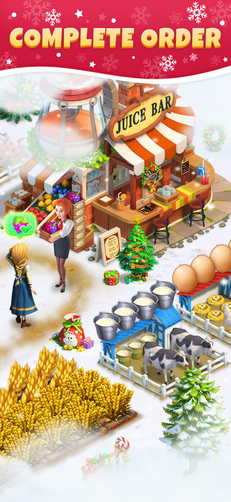 Sarah's Adventure: Time Travel - Sarah en un puesto de jugos festivo en un entorno de granja nevada con vacas y cultivos en Sarah's Adventure Time Travel
