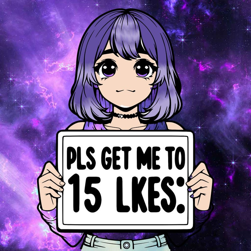 realistic girl holding up a sign that says “pls get me to 15 likes!”