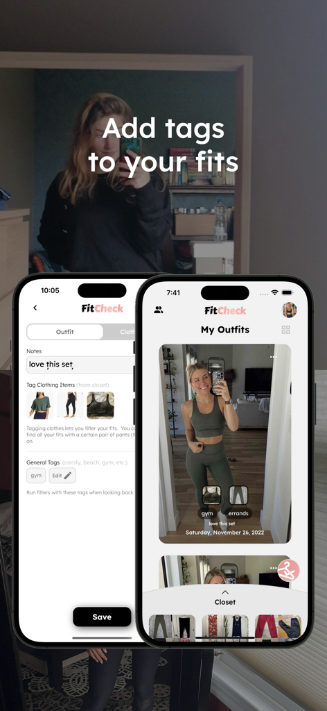 FitCheck: Outfit of the Day - 두 개의 스마트폰 화면으로 FitCheck 앱에서 일일 의상에 태그와 메모를 추가하는 방법을 보여줍니다