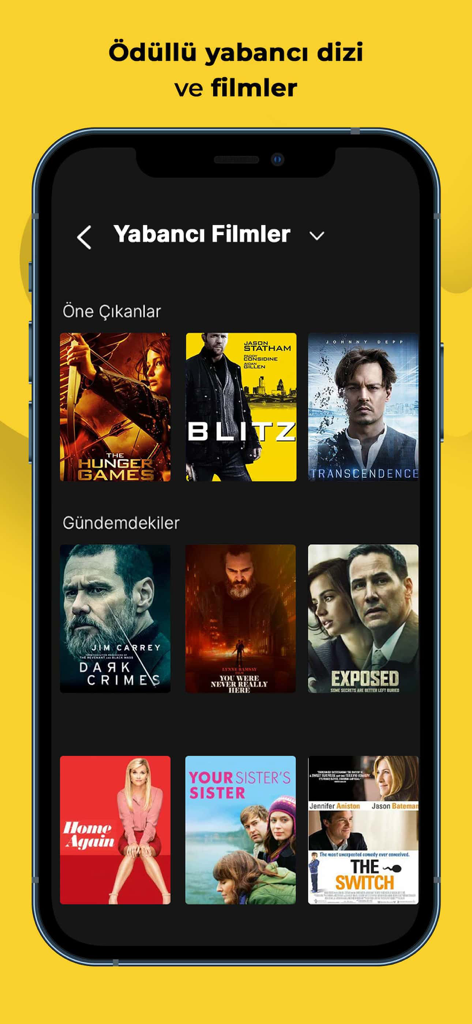 puhutv - Una interfaz móvil de puhutv que muestra una colección de películas extranjeras, incluyendo títulos como Los Juegos del Hambre y Blitz.