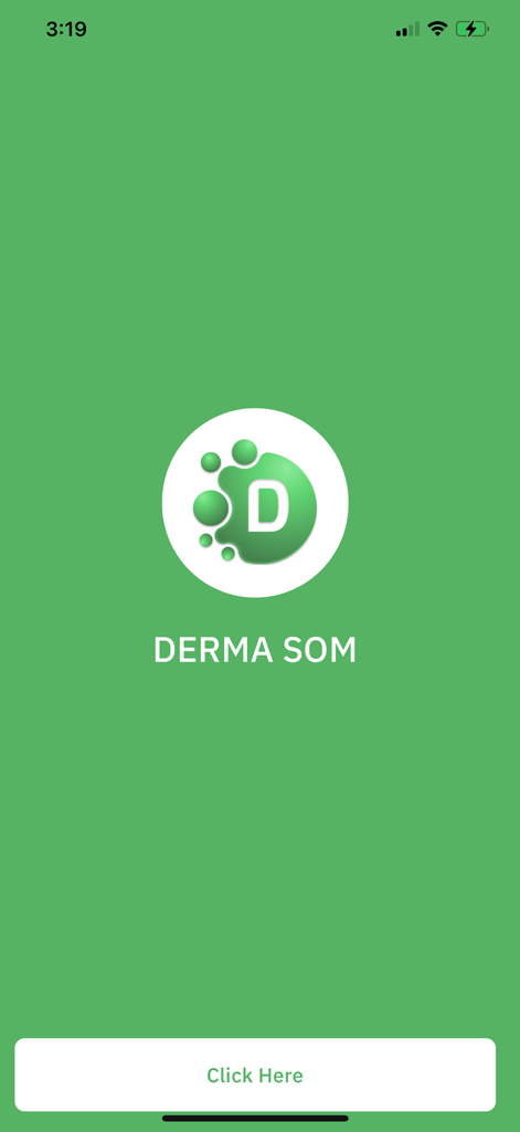 Dermasom - Dermasom app splash screen with a green background circular logo and click here button