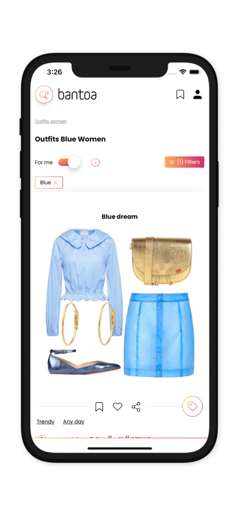 Interface do aplicativo móvel Bantoa exibindo um look azul selecionado para mulheres, incluindo blusa, saia e acessórios dourados