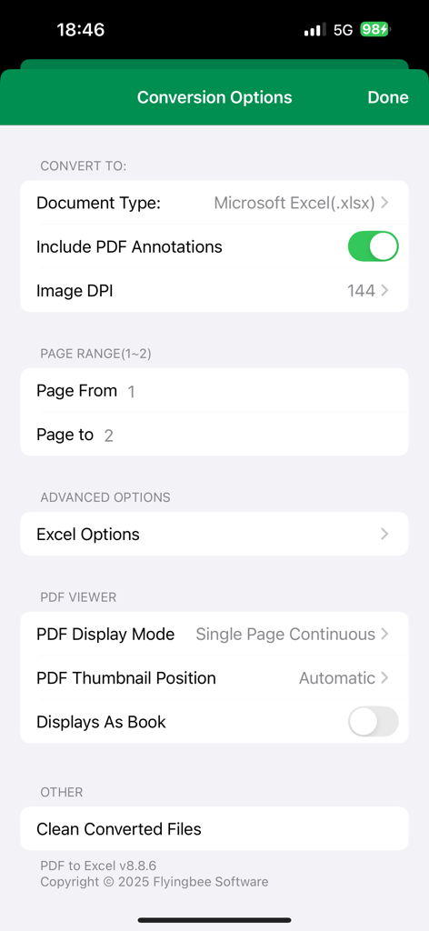 Interfaz de la aplicación PDF a Excel que muestra las opciones de conversión, incluido el tipo de documento, el rango de páginas y la configuración de anotaciones