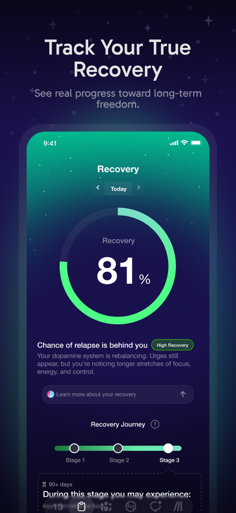 Overcomer - Quit Porn Now - Overcomer app recovery dashboard showing eighty-one percent progress and a three-stage journey timeline