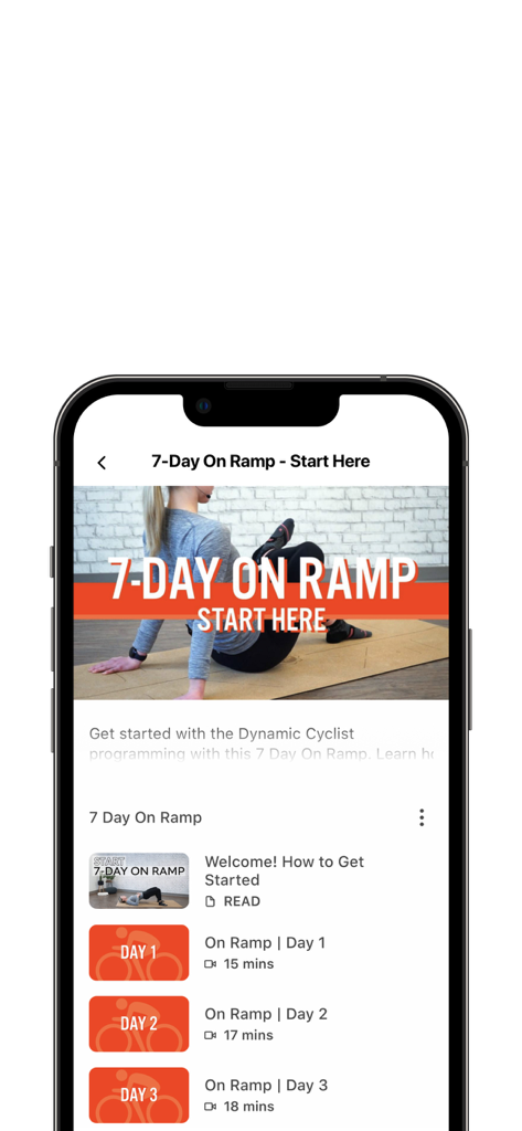 Dynamic Cyclist - Mobile app screen showing the 7 Day On Ramp mobility program with a list of daily workout videos