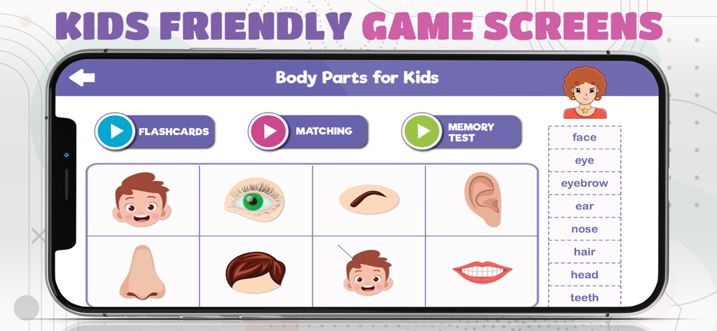 Pre-K Preschool Games for Kids - Interface of a preschool learning app showing a body parts lesson for kids with flashcards and illustrations