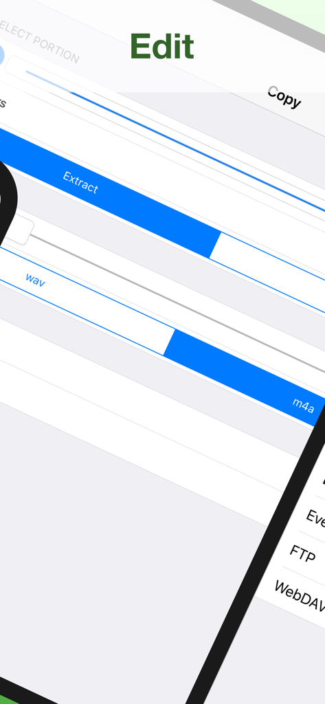 Audio Memos SE: Record Voice - Interfaz de la aplicación Audio Memos SE mostrando edición de audio y herramientas de extracción con etiquetas de formato wav y m4a