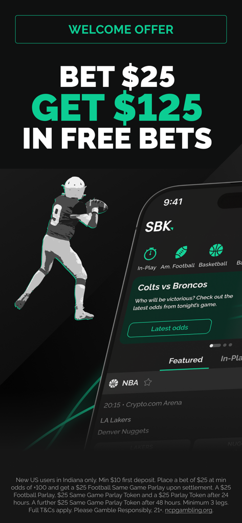 SBK Online Sportsbook Indiana - SBK Indiana Sportsbook promotional screen offering 125 dollars in free bets for a 25 dollar wager featuring a mobile app interface and football imagery
