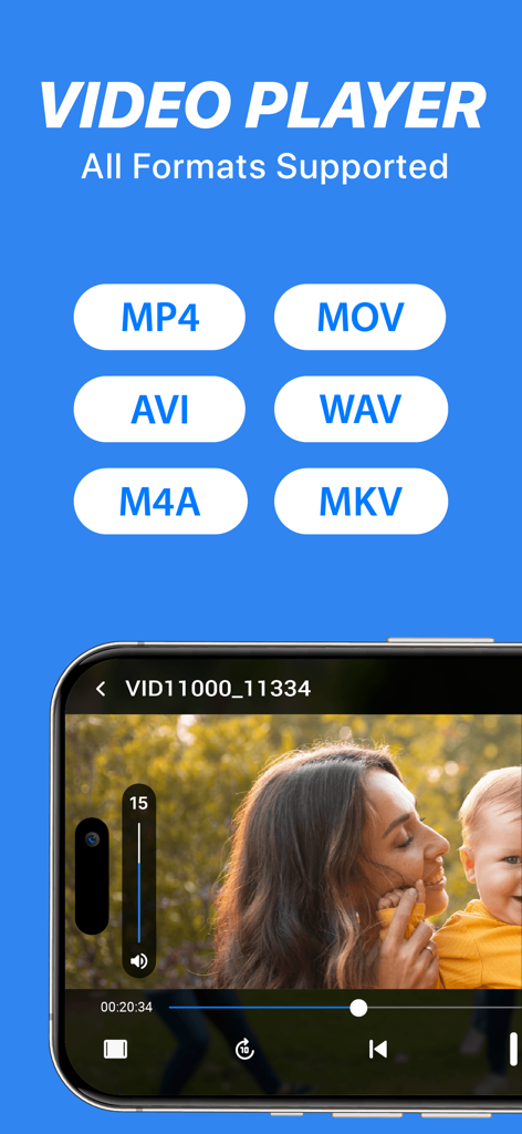 Video Player - Media Player HD - VidInsight 모바일 앱 인터페이스는 MP4 및 MKV와 같은 지원되는 비디오 형식과 iPhone의 고화질 비디오 재생 화면을 보여줍니다.