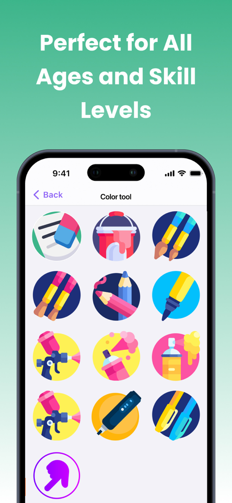 Oberfläche von Coloring Pop, die eine Vielzahl von digitalen Malwerkzeugen zeigt, darunter Pinsel, Stifte und Sprühdosen