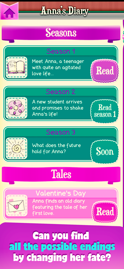 Dear Diary - Interactive Story - A menu screen for Dear Diary interactive story showing available seasons and tales with doodle art icons