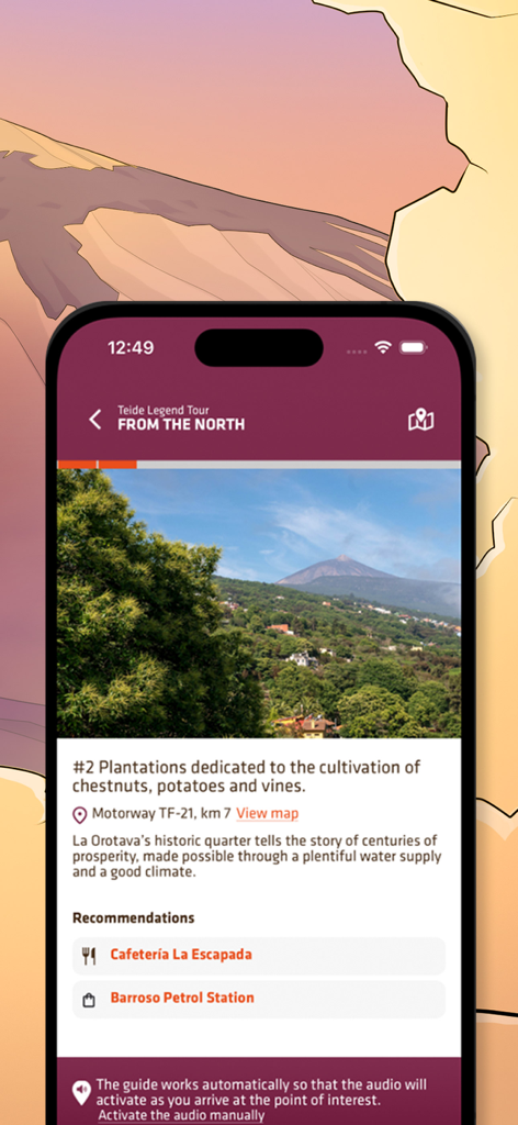 산 전망과 현지 추천 정보가 포함된 운전 투어 정류장이 표시된 테이데 전설 앱의 모바일 화면