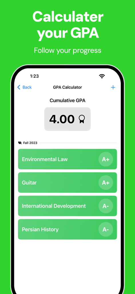 Fouro: Track Grades, GPA - Mobile screen of the Fouro app showing a 4.0 cumulative GPA and a list of semester grades for courses like Environmental Law and Guitar.