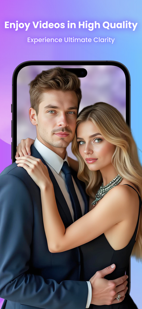 ロマンチックなカップルと高品質ビデオ再生に関するテキストを表示するTiny Dramaアプリのスマートフォン画面。