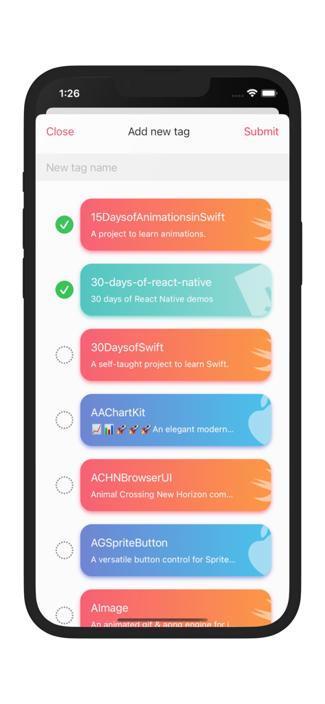 StarOrder-GitHub star tool - A screen in the StarOrder app showing how to add a new tag and select GitHub repositories to organize
