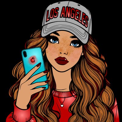 realistic beautiful girl wearing los ángeles cap holding an iphone