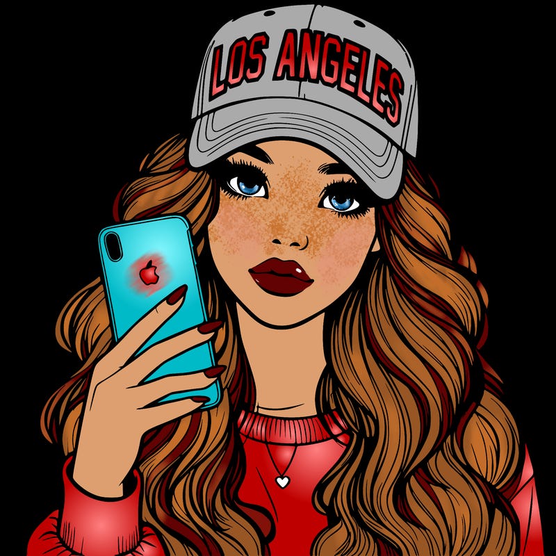 realistic beautiful girl wearing los ángeles cap holding an iphone