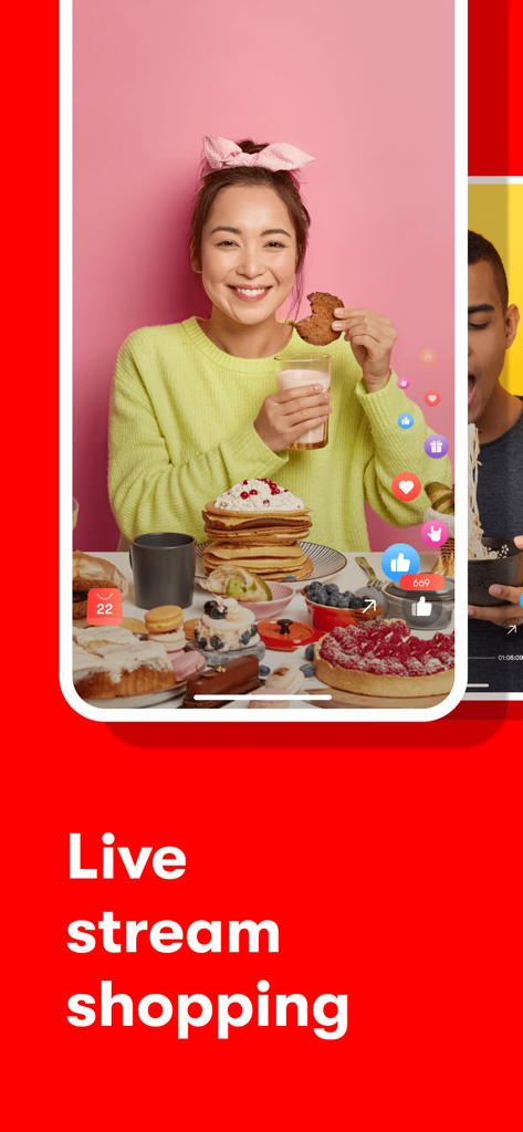 Yami: Shop All of Asia’s Best - Uma mulher transmitindo ao vivo enquanto come lanches na interface do aplicativo móvel Yami.