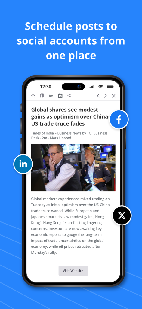 Interfaz de la aplicación Feedspot Reader que muestra un artículo de noticias e íconos de redes sociales para programar publicaciones.