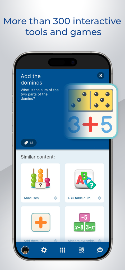 Smartphone screen showing a domino addition game and other interactive educational tools in the mozaik3D app.