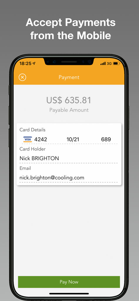 Synchroteam app screen showing mobile payment processing with credit card details and a pay now button