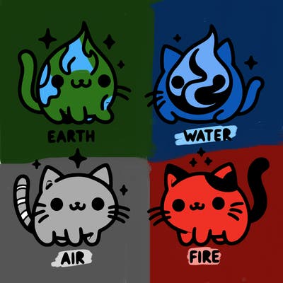 4 cats that represent the different elements, earth, water, air, and fire