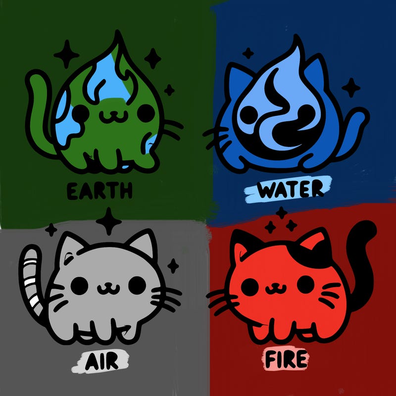 4 cats that represent the different elements, earth, water, air, and fire