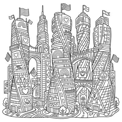 Immerse yourself in a spectacular urban landscape with this Twisted Skyscrapers Pride coloring page. Discover towering buildings intricately designed with symbols of love, diversity, and community, perfect for celebrating Pride Month.