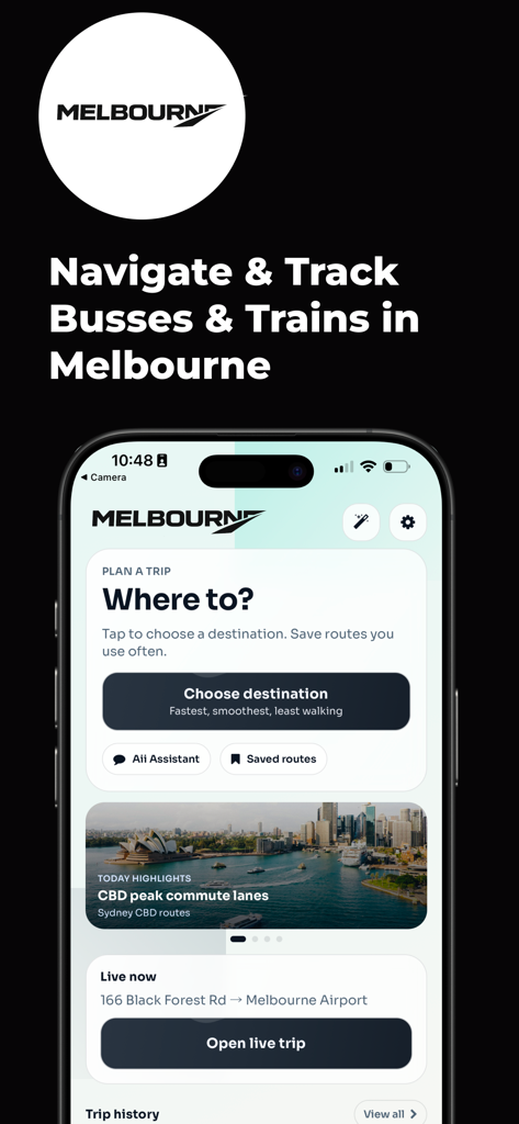 Melbourne Buss & Train Tracker - Melbourne Bus and Train Tracker app home screen showing the trip planning interface and live tracking features on an iPhone.