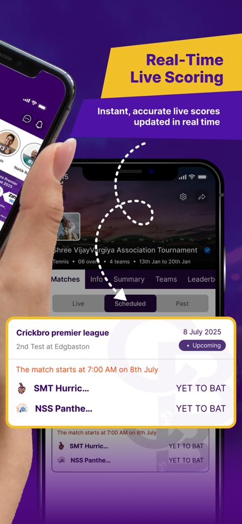 CrickBro - Cricket Scoring App - CrickBro app interface showing real-time cricket scoring and scheduled match details