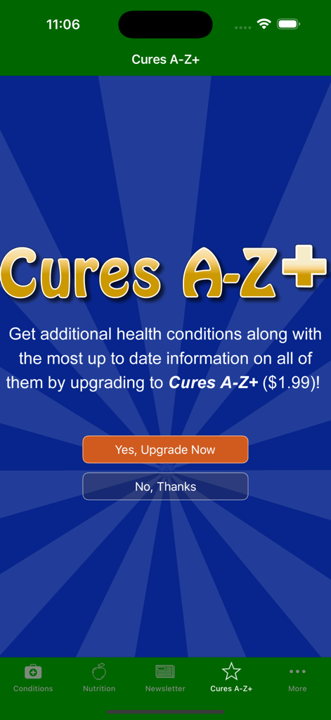 Cures A-Z - In-app purchase screen for Cures A-Z Plus offering access to additional health conditions and updated information.