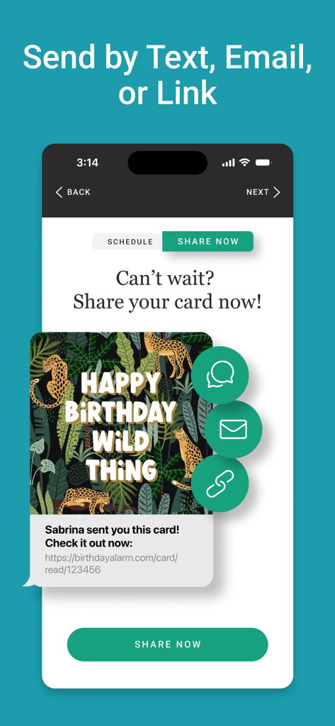 BirthdayAlarm: Reminders Cards - Interface showing options to share a digital birthday card via text email or link