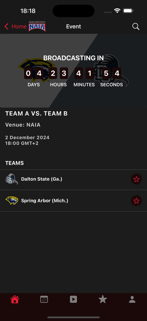 NAIA-Network - Countdown timer for an upcoming live collegiate sports event on the NAIA Network app.