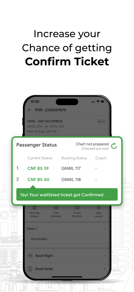 ConfirmTkt: Train Booking App - ConfirmTkt mobile app interface displaying a confirmed train ticket status message