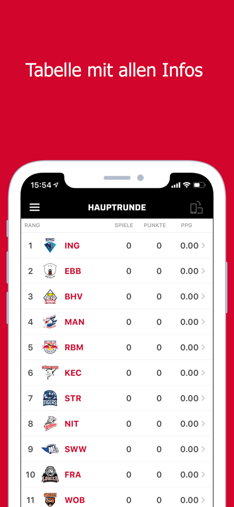 Deutsche Eishockey Liga - Official German ice hockey league standings table in the DEL mobile app showing team rankings and points