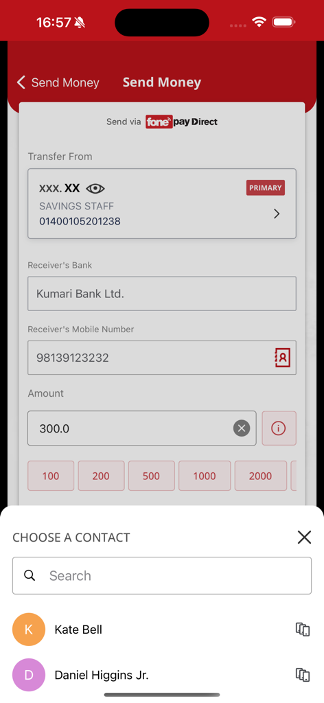 EBL Mobile Banking - EBL Mobile Banking interface for sending money via Fonepay Direct