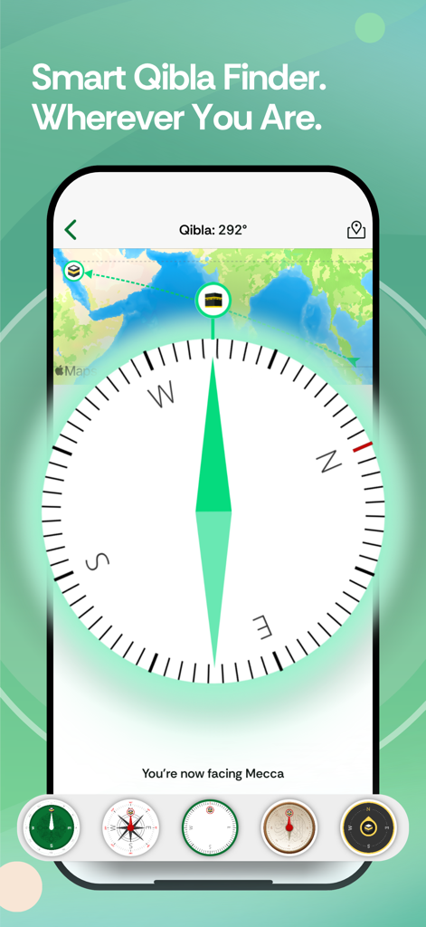 Um smartphone exibindo o recurso Smart Qibla Finder do aplicativo Muslim Pro para localizar Meca