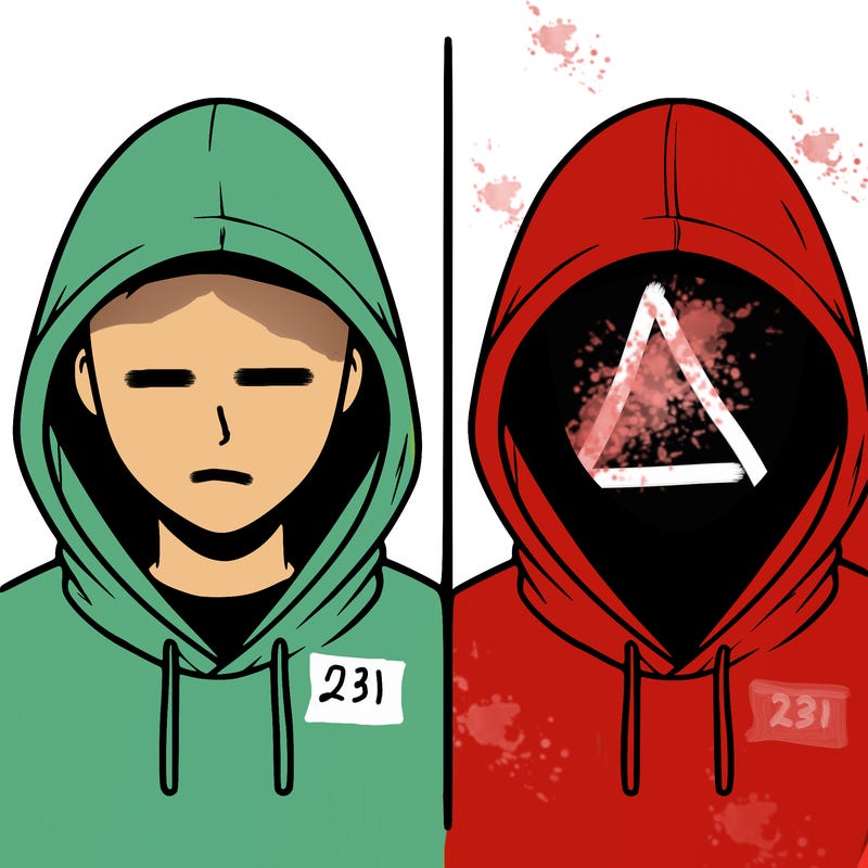 a person with a hoodie and no face, the drawing is split in 2