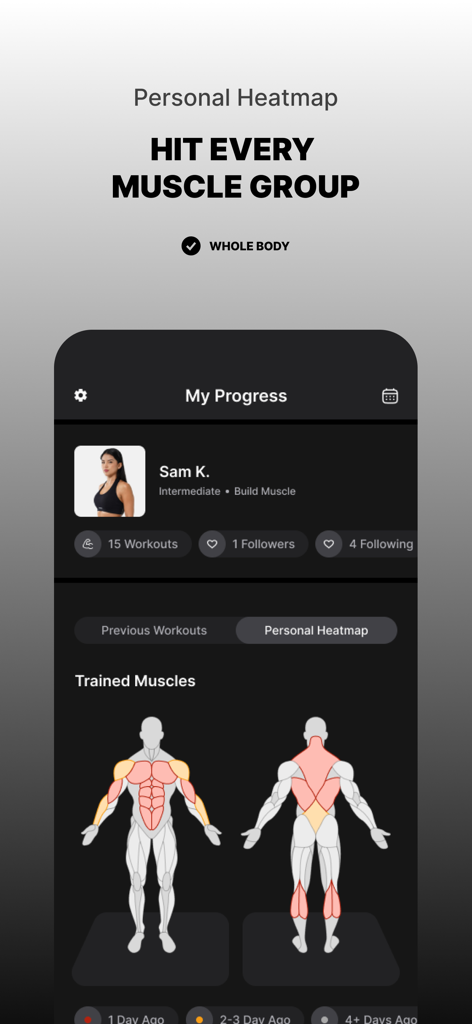 Thenx アプリのインターフェース、全身カリステニクスの進捗状況を追跡するための個人の筋肉ヒートマップを表示