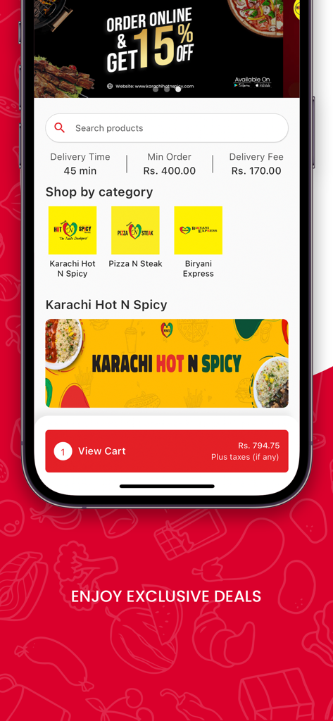 Karachi Hot n Spicy - Karachi Hot n Spicy mobile app interface showing food categories and home screen promotions