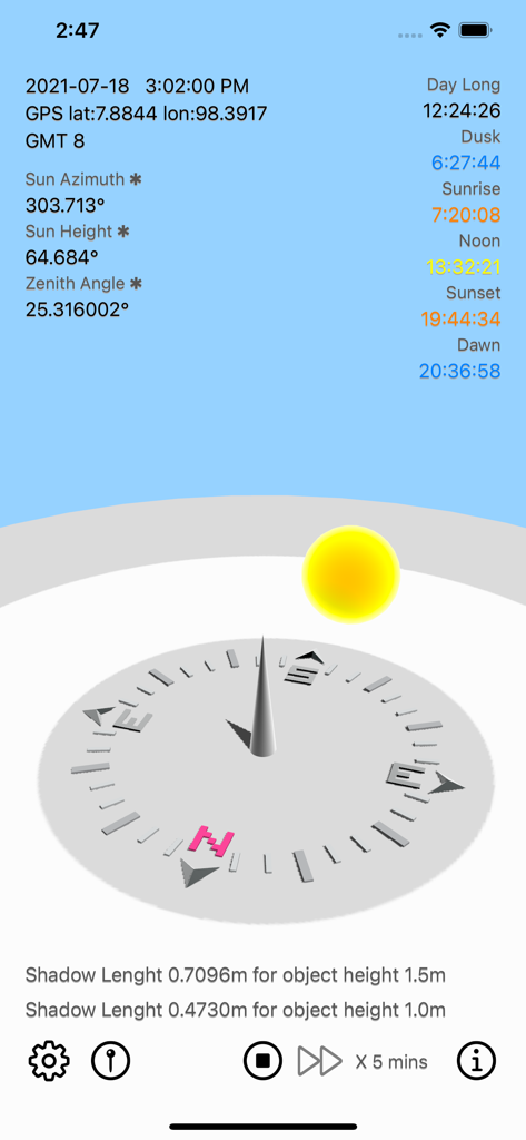 Sun Calculator app interface showing interactive 3D solar path with azimuth and shadow length calculations